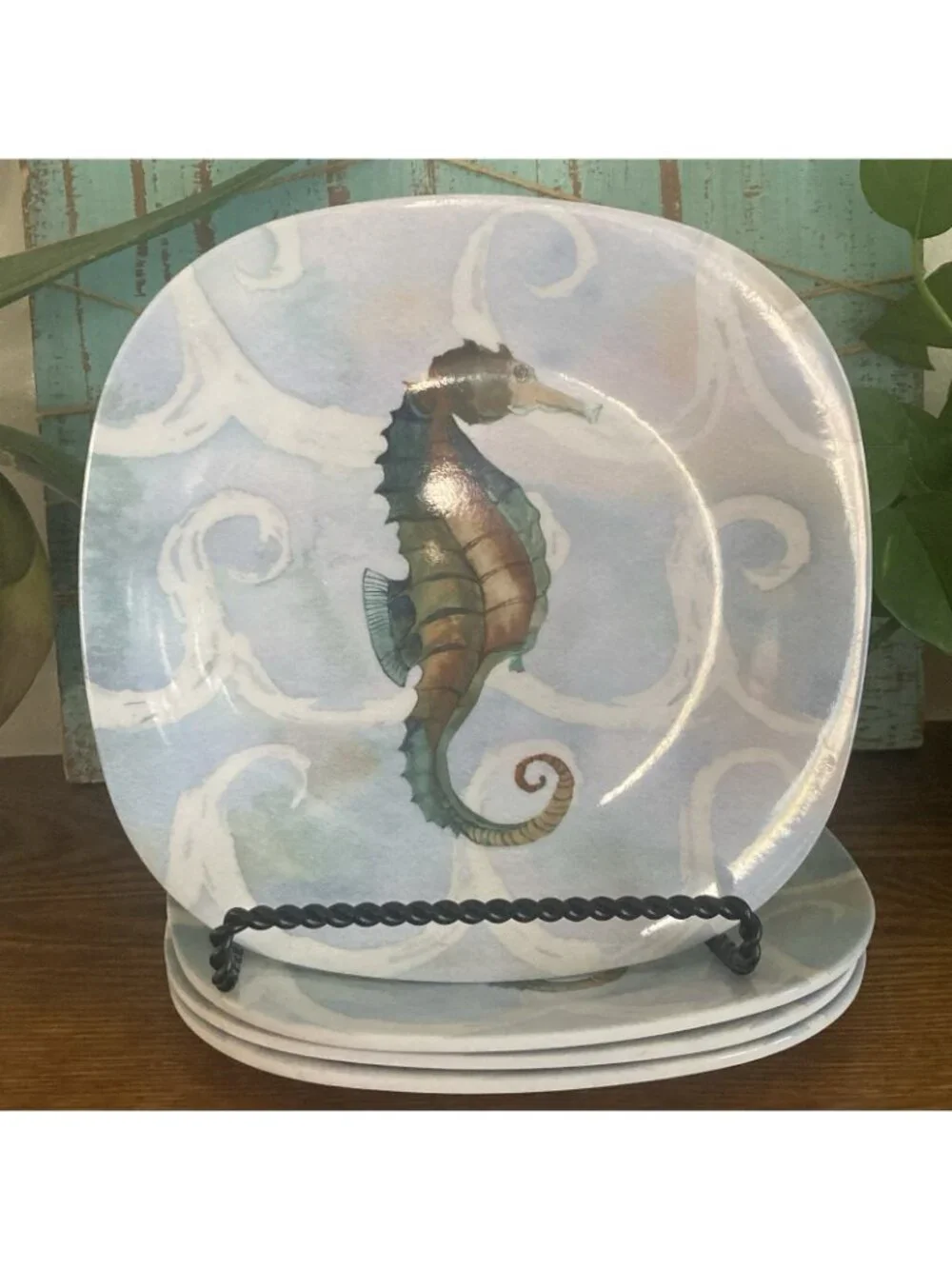 Sea Creatures On Waves by Elizabeth Medley Seahorse Beachy Melamine Salad Plates